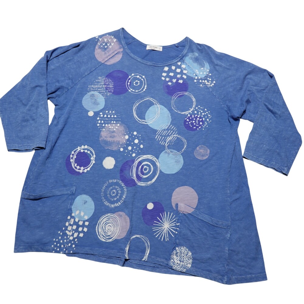 Jess & Jane Shirt Womens XL Blue Geometric Circle Print 3/4 Sleeve Tunic Top